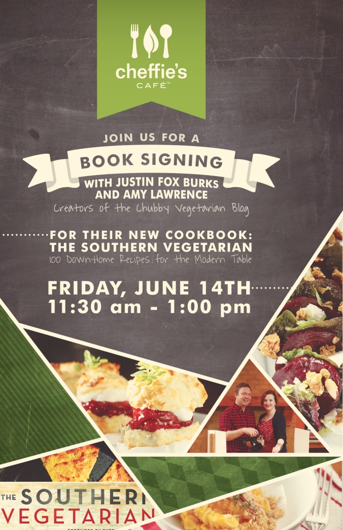 cheffies-cafe-southern-vegetarian-cookbook-book-signing-justin-fox-burks-amy-lawrence-chalkboard-typography-poster